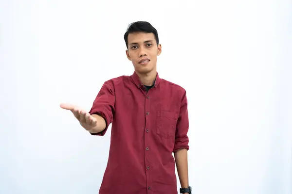 Asian Man Businessman Student Concept Wearing Red Casual Shirt Giving — Stock Photo, Image