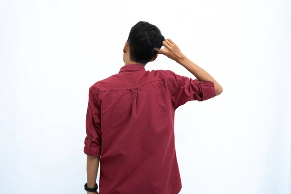 Aziatisch Man Bedrijf Student Concept Het Dragen Van Rode Casual Stockafbeelding