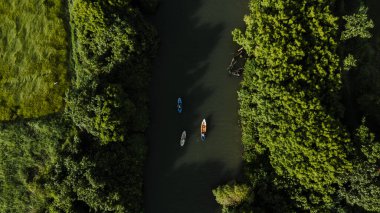 Hava görüntüsünde, nehrin ağzındaki kanoda kürek çeken birini görebilirsiniz. Bantul, Yogyakarta, Endonezya 'da yer alır..