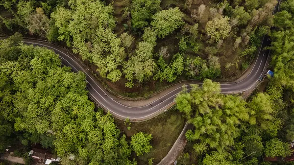 Hava manzarası, asfalt yol orman ve kırsal alanda dönüyor. Jalan Mangunan Bantul, Endonezya 'da yer almaktadır.