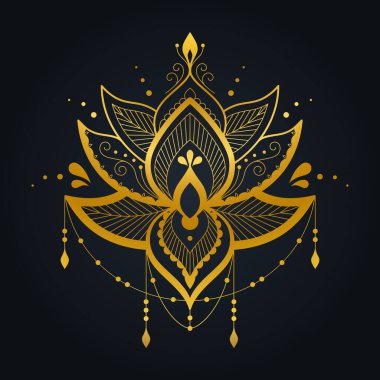 Siyah arka planda lüks Altın Lotus. Boho tasarımında çizgi sanat vektörü illüstrasyonu