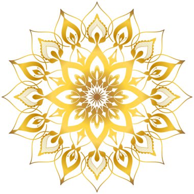 Mandala vektör simetrik çizimi. Beyaz arka planda altın gradyan iz. Yazdırma, yoga, tişört, çıkartma, dövme, grafik tasarım için dekoratif oryantasyon ögesi