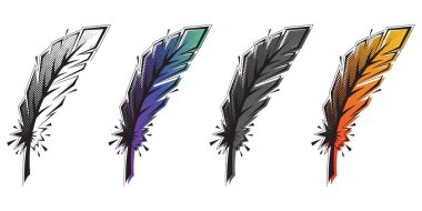 Bir dizi stilize tüy. Çizgi roman tarzı kuş tüyleri, yarım ton desenli. Yazdırma, dövme, tasarım ve tişört için dekoratif vektör ögeleri