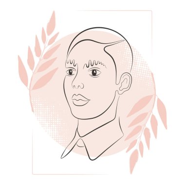 İkili olmayan kişinin soyut moda portresi. Pastel arka planda yapraklı modern soyut yüz. Tişört tasarımı için vektör illüstrasyonuName.