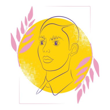 İkili olmayan kişinin soyut moda portresi. Çağdaş arka planda pembe yapraklı modern soyut yüz. Yazdırma, tasarım ve tişört için vektör illüstrasyonu