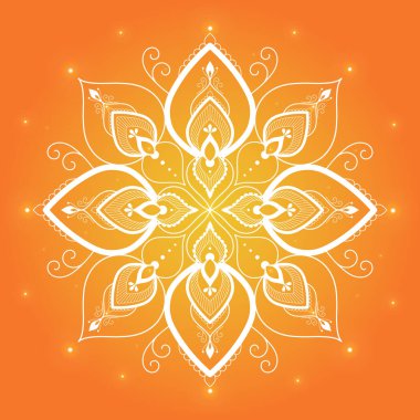 Turuncu arka planda ışıklarla süslenmiş etnik mandala. Boho tasarımında gösterişli vektör illüstrasyonu