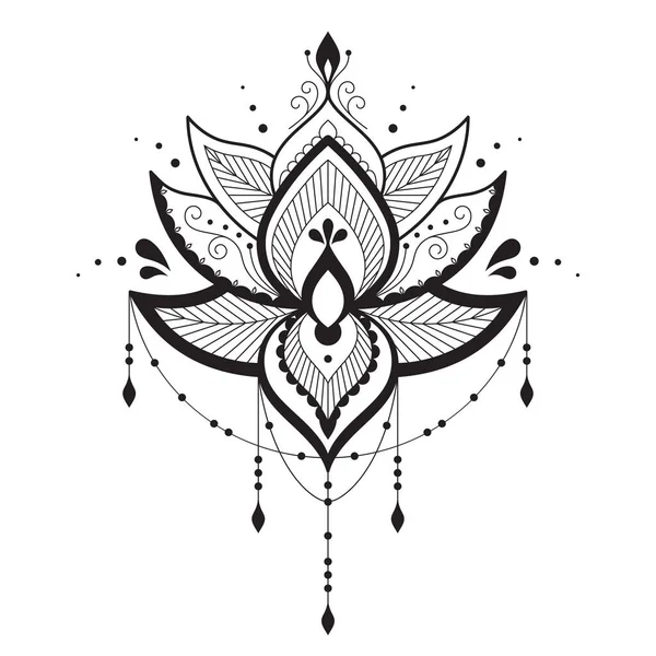 Lotus çiçeği simetrik dövmesi. Siyah ve beyaz ana hatlı vektör çizimi. Hint tarzı. Yazdırma, tasarım, yoga ve tişört için dekoratif oryantal öğe