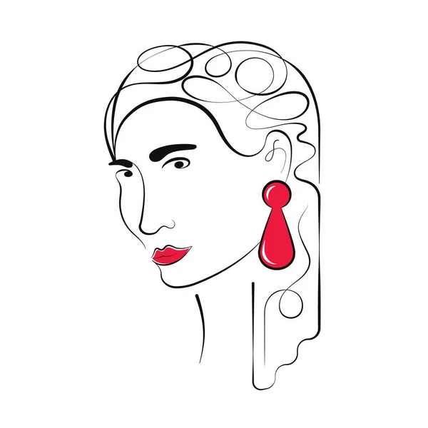 要旨ファッション女性の肖像画と赤い唇とイヤリング ミニマリズムのラインアート 女性の美しさ Tシャツデザインのベクトルイラスト プリントグラフィックスタイル — ストックベクタ