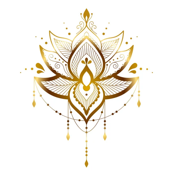 Lotus Çiçeği Simetrik Çizimi Beyaz Arka Planda Altın Nilüfer Çiçeği — Stok Vektör