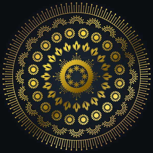 Hermoso Mandala Ornamental Flor Dorada Étnica Sobre Fondo Oscuro Ilustración — Vector de stock