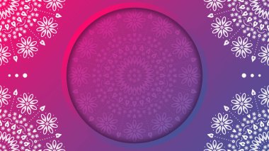 Çiçek mandala süsü geçmişi. Pembe-mor gradyan vektör çizimi. Metin için yeri olan yuvarlak mandala şablonu.