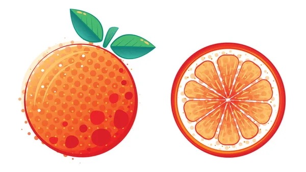 Stiliserad Apelsinfrukt Illustration Set Trendig Citrus Med Gröna Blad Apelsinskiva — Stock vektor