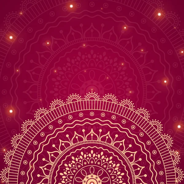 Mandala Ornamental Sobre Fondo Rojo Con Plantilla Banner Cuadrado Luces — Vector de stock