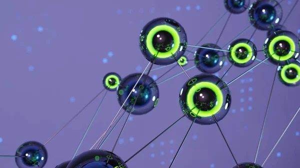 Крупним Планом Знімок Нейронної Мережі Ілюстрація Сяючих Неонових Сфер Футуристична — стокове фото