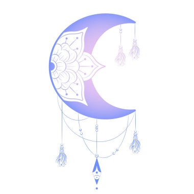 Çiçekli ve püsküllü ay. Mavi gradyan vektör çizimi. Dekoratif oryantasyon ögesi ve baskı, dövme, tasarım ve tişört için boho biçimi işareti