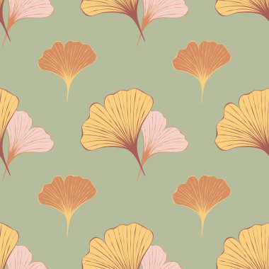 Sarı ve pembe ginkgo, tekstil, baskı, kumaş ve duvar kağıdı için vektörsüz desen bırakır. Doğulu tema tasarımı