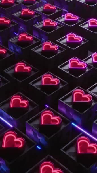 未来合成波3D动画 霓虹灯的心脏闪烁着生气勃勃的粉色和红色 垂直视频背景 — 图库视频影像