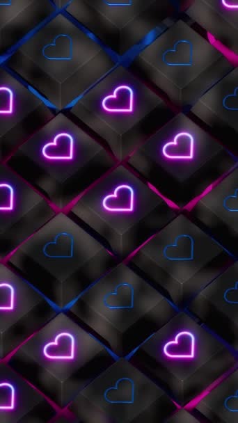 Närbild Tangentbord Knappar Med Neon Hjärtan Symboler Modern Loop Animation — Stockvideo