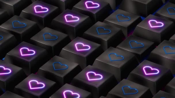 闭锁键盘按钮与霓虹灯心脏的符号 现代回圈3D动画 流模板的背景 — 图库视频影像