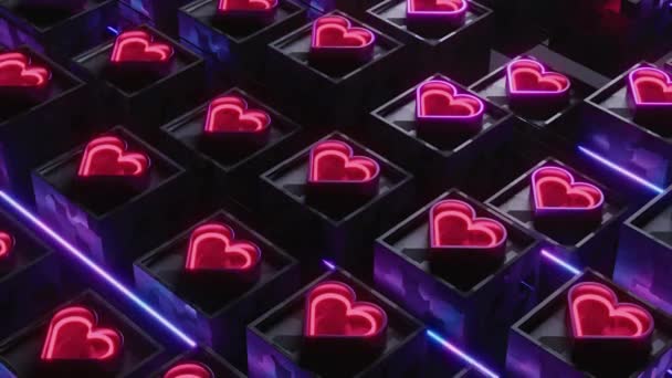 Futuristische Animation Synthwellenschleife Mit Leuchtenden Neonherzen Leuchtendem Rosa Und Rot — Stockvideo