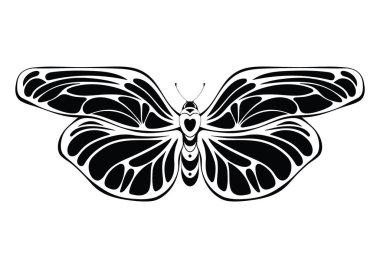 Kelebek vektör çizimi. Art Nouveau tarzı. Beyaz arkaplanda vektör silueti izole edildi. Yazdırma, dövme, tasarım ve tişört için dekoratif öğe