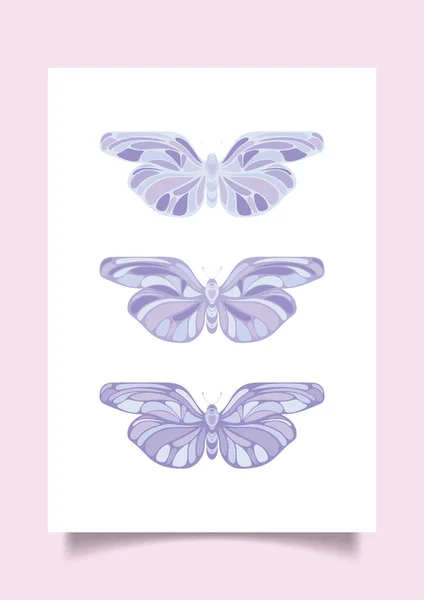 Trendy Művészeti Poszter Lila Pillangók Fehér Háttérrel Stilizált Vektor Illusztráció — Stock Vector