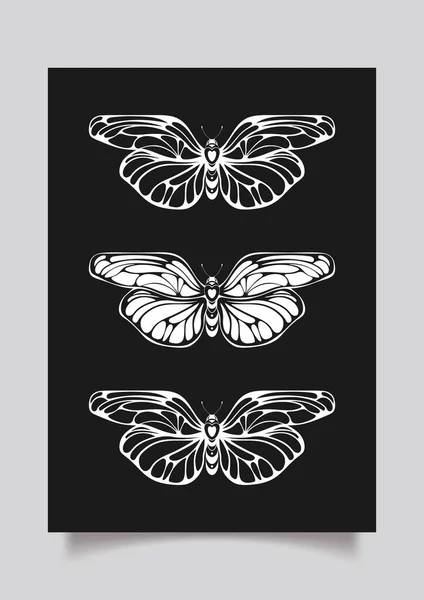 Modny Plakat Artystyczny Motylami Czarnym Tle Stylizowana Czarno Biała Ilustracja — Wektor stockowy