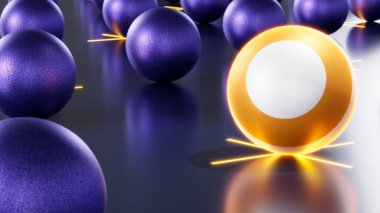 Metal zeminde neon sarı küre. İş ve teknoloji teması tasarımı için 3d hazırlama arkaplanı