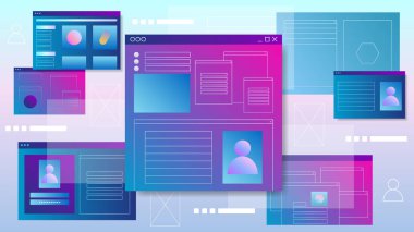 Soyut web sayfaları ve kullanıcı arayüzleri ile vektör illüstrasyonu. İş ya da geliştirme yazılımı için illüstrasyon. Web sitesi tasarımı, reklam ve afişler için uygun