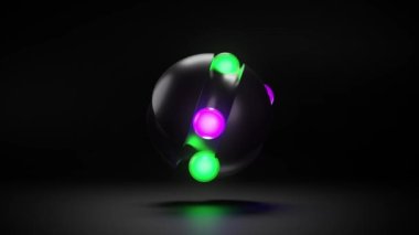 Parlayan neon küreler koyu arkaplanda siyah küre etrafında dönüyorlar. Geleceğin 3d döngü animasyonu.