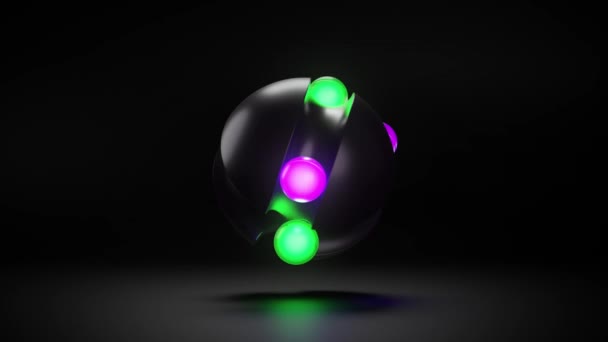 发光的霓虹灯球在黑暗的背景上围绕着黑色的球体旋转 未来主义3D循环动画 — 图库视频影像