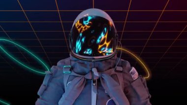 Gelecekçi astronot uzay giysisi retrodalga döngüsü 3D animasyon. Teknoloji ve bilim temalı arka plan. 4k görüntü