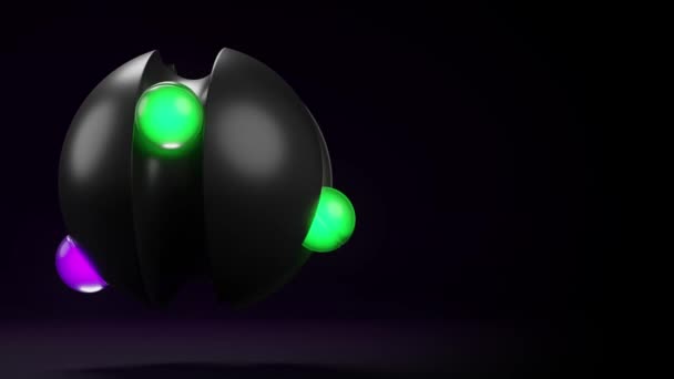 在黑暗的背景上 霓虹灯球绕着黑色的球体旋转 未来主义3D循环动画 — 图库视频影像