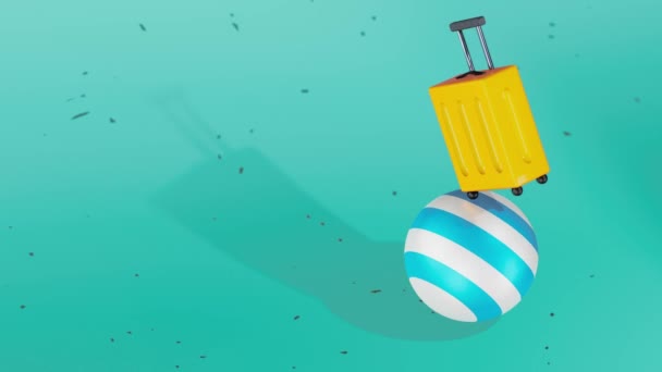 旅行と冒険の概念 ビーチボールループ3Dアニメーションを回転スーツケース 抽象的な背景の荷物 — ストック動画