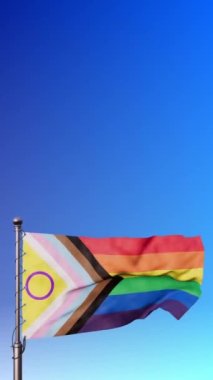 LGBTQ Mavi gökyüzünde sallanan gurur pankartı. Sosyal medya için gurur ayı temalı dikey video