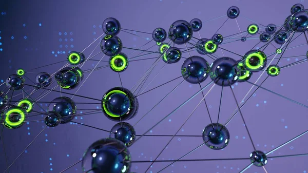 Zbliż Ujęcie Sieci Neuronowej Ilustracja Świecących Sfer Neonowych Futurystyczna Koncepcja — Zdjęcie stockowe