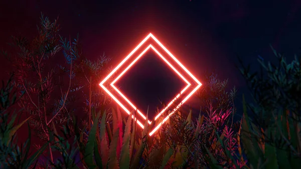 ジャングルの間の赤いネオン正方形ライト コピースペースによる未来の3Dイラスト — ストック写真