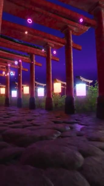ネオンライトに照らされたイーサリアル鳥居の門 明るいランタンが浮かぶ Vjループアニメーション — ストック動画