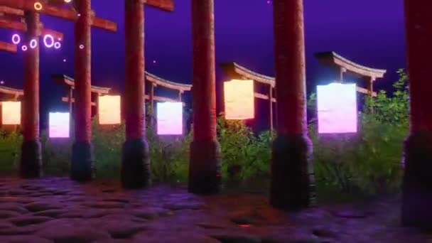 Μυστική Σκηνή Νέον Λαμπερά Φανάρια Κόκκινες Πύλες Torii Πέτρινο Μονοπάτι — Αρχείο Βίντεο