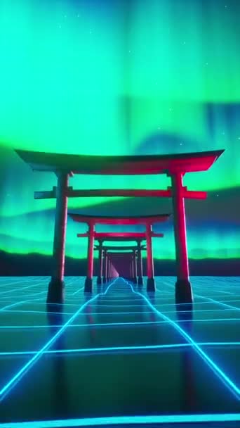 Японські Ворота Торії Освітлені Неоном Встановлені Проти Цифрової Сітки Аурори — стокове відео