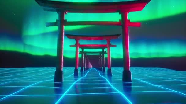 ネオンリットの鳥居がオーロラの前に立って デジタル風景の神聖な通路を象徴し 未来的なサイバーパンクの美学と日本の伝統を融合させます — ストック動画