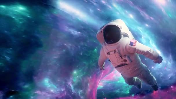 Астронавт Плавающий Необъятности Космоса Анимация Темой Исследования Звездного Поля Фокусируясь — стоковое видео
