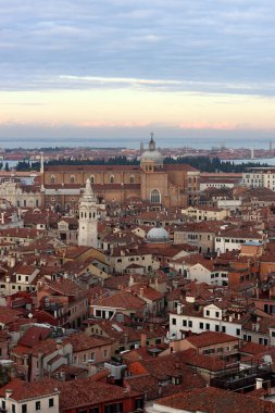 Venice city from above. Beautiful panoramic view of Italian city. Golden hour photo of Italy. Romantic tourist destination concept. 