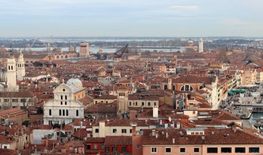 Venice city from above. Beautiful panoramic view of Italian city. Golden hour photo of Italy. Romantic tourist destination concept. 