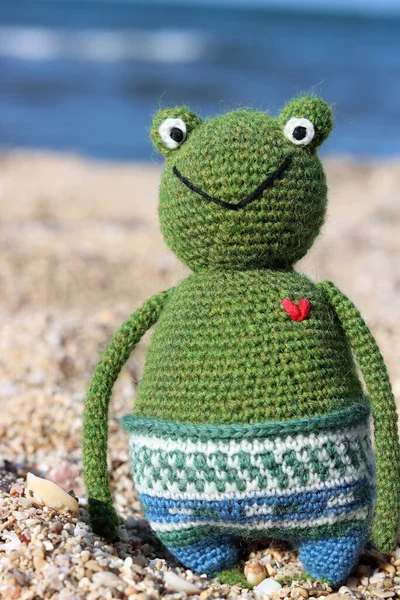 Green crocheted Frog toy close up photo. Sunny day on a beach. Summer holiday destination concept.