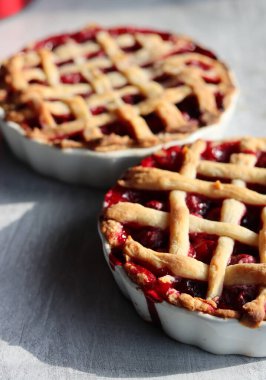 Lattice sweet cherry pie close up photo. Homemade tart with no sugar added. Healthy eating concept. 