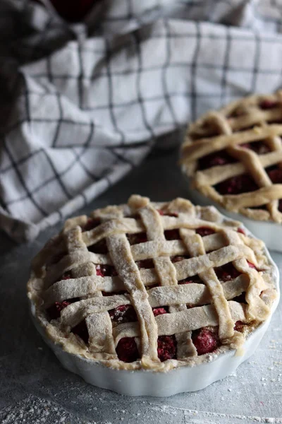 Lattice Sweet Cherry Pie Close Photo Homemade Tart Sugar Added — Photo