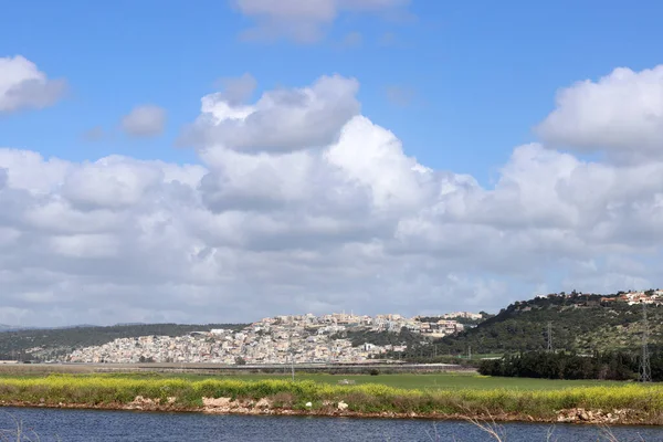 曇りの青い空 まだ青い川の水 晴れた穏やかな日の写真 イスラエルの自然 中東の春 — ストック写真