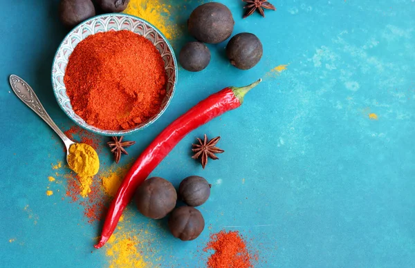 Still Life Different Spices Blue Background Copy Space Vivid Colors — Stock Photo, Image