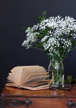 Cam bir vazoda beyaz çingene çiçekleriyle basit bir kompozisyon. Kopyalama alanı olan koyu arkaplan. 